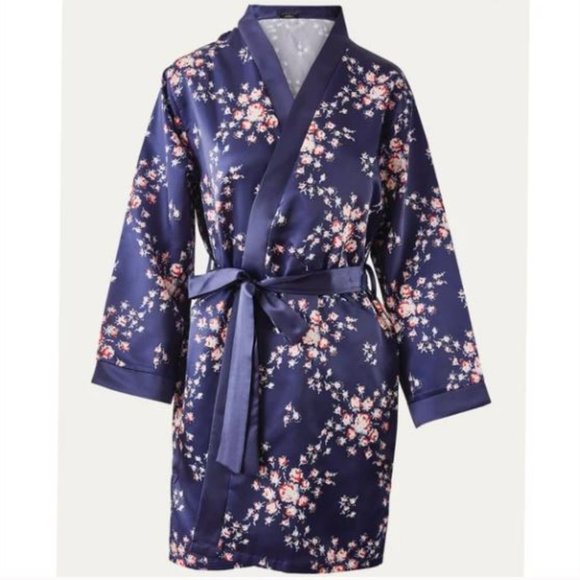 Morgan Lane Other - Morgan Lane Fab Fit Fun Navy Floral Blue Pink Short Sash Robe Slit S/M Small